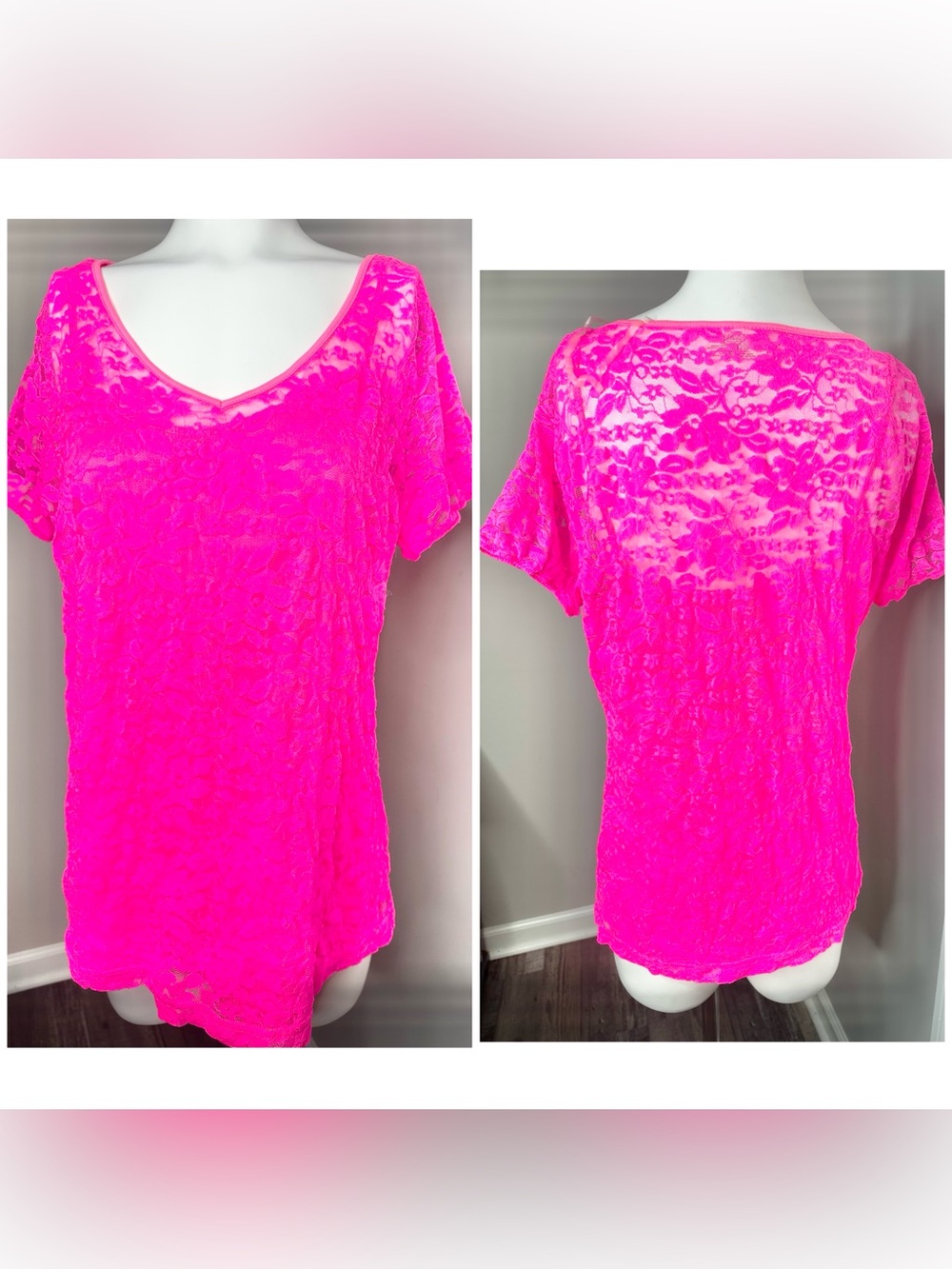 Bobbie Brooks Neon Pink Lace V-Neck Top-1X